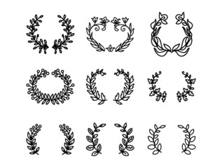 Set of Laurel wreaths, floral frames and dividers in the doodle style