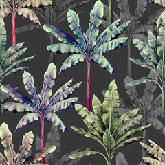 Watercolor colorful painting tree,banana leaves seamless pattern on dark background.Watercolor hand drawn illustration tropical exotic leaf prints for wallpaper,textile Hawaii aloha jungle pattern.