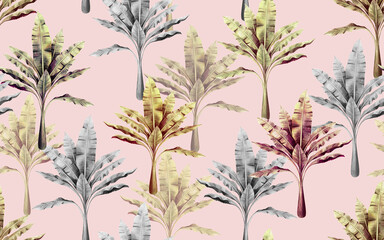 Watercolor colorful painting tree,banana leaves seamless pattern on pink background.Watercolor hand drawn illustration tropical exotic leaf prints for wallpaper,textile Hawaii aloha jungle pattern. © nongnuch_l
