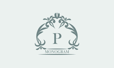 Graceful monogram in gray tones with the inscription and the letter P. Exquisite sign, logo of a restaurant, boutique, hotel, business
