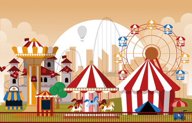 Sun Amusement Park Fun Fair Carnival Flat Vector Illustration