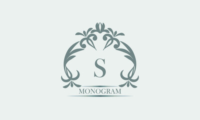 Graceful monogram in gray tones with the inscription and the letter S. Exquisite sign, logo of a restaurant, boutique, hotel, business