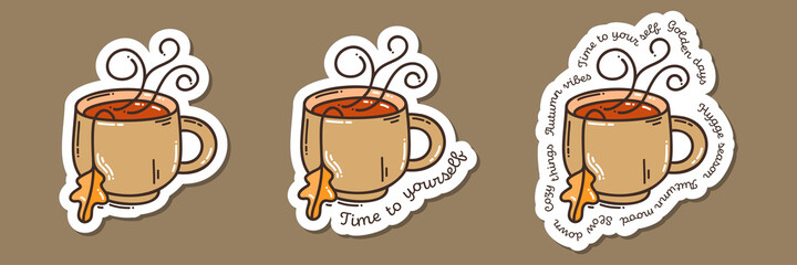 Colorful hand-drawn autumn mood stickers set with a cup of tea in doodle style isolated on white background. Cute vector collection for seasonal decoration.
