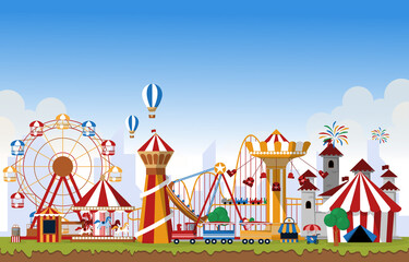 Amusement Park Rides Fun Fair Carnival Flat Vector Illustration