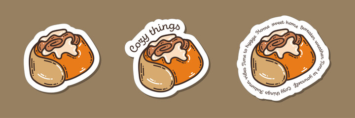 Colorful hand-drawn autumn mood stickers set with a cinnamon bun in doodle style isolated on white background. Cute vector collection for seasonal decoration.