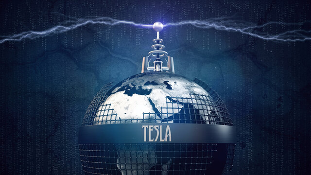 Teslaspule mit blauen elektr. Blitzen auf Erde/Globus in Gitter-K&auml;fig + Text-Matrix | Konzept/Idee  globale drahtlose Energie&uuml;bertragung der Zukunft - Vision Freie Energie | 3D Render Illustration