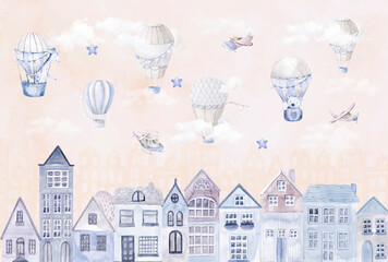 A painted children's city. A fabulous watercolor city in the clouds. Photo wallpapers for the children's room. Decorative pattern for the wall. Mural for interior decoration. A magical toy world.