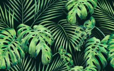 Papier Peint photo Feuilles tropicales Monstère de peinture à l& 39 aquarelle, feuilles de noix de coco motif sans couture sur fond sombre. Illustration dessinée à la main à l& 39 aquarelle, imprimés de feuilles exotiques tropicales pour papier peint, motif de jungle aloha hawaïen textile.