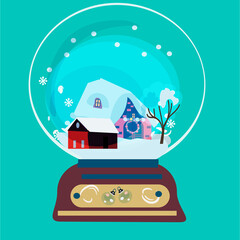Hand drawn vector abstract Merry Christmas and Happy New Year time big cartoon snow globe sphere illustration.house