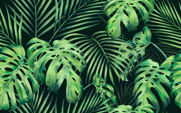 Watercolor painting monstera,coconut leaves seamless pattern on dark background.Watercolor hand drawn illustration tropical exotic leaf prints for wallpaper,textile Hawaii aloha jungle pattern.