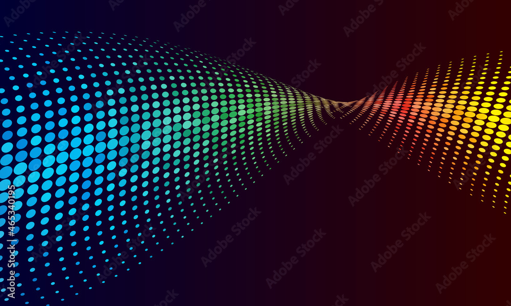 Poster abstract halftone color dots on black background.