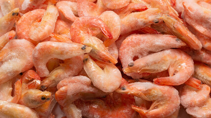 Fresh shrimps in ice. Top view.