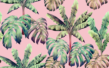 Watercolor painting colorful tree banana,monstera leaves seamless pattern background.Watercolor hand drawn illustration tropical exotic leaf prints for wallpaper,textile Hawaii aloha jungle pattern. © nongnuch_l