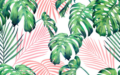 Watercolor painting monstera,coconut leaves seamless pattern on white background.Watercolor hand drawn illustration tropical exotic leaf prints for wallpaper,textile Hawaii aloha jungle pattern. © nongnuch_l