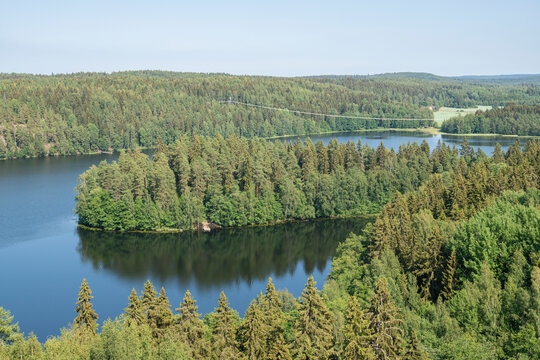 View from Aulanko Observation Tower to Lusikkaniemi and Lake Aulangonjarvi, Aulanko Nature Reserve, Hameenlinna, Finland