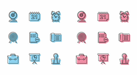 Set line Briefcase, Presentation financial board with graph, schedule, chart, diagram, infographic, pie graph, Web camera, Binder clip, Document minus, Telephone, Target and Calendar icon. Vector