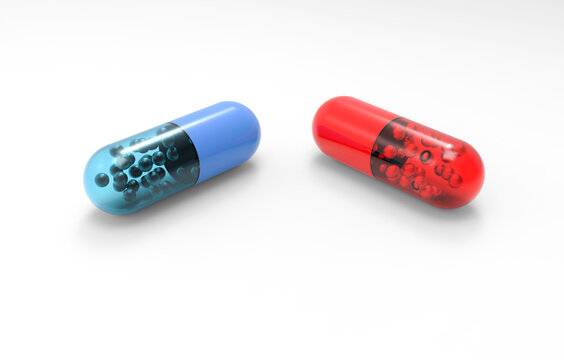 3d illustration blue and red pills on white isolated background. Stock image.