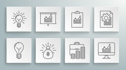 Set line Light bulb with concept of idea, Board graph chart, Money bag, Briefcase and coin, Computer monitor, Clipboard, Document and rays shine icon. Vector