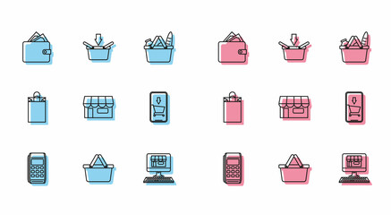 Set line Pos terminal, Shopping basket, Wallet with stacks paper money cash, building screen computer, or market store, Mobile phone and shopping cart, Paper bag and icon. Vector