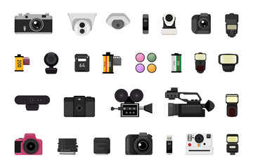 Collection of photo and video equipment in flat style. Cameras and accessories.