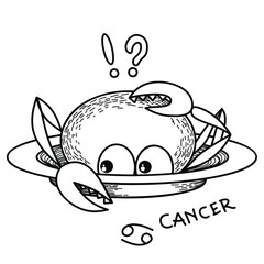 Funny Zodiac Cancer Sign. Cancer horoscope symbol. Crayfish. Crab on a plate thinking. Line art sketch vector illustration
