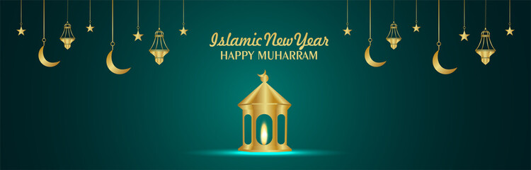 Fototapeta premium Islamic new year happy muharram banner with realistic gold moon and lantern