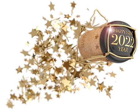 champagne bottle cork popping above golden stars explosion, 3d illustration
