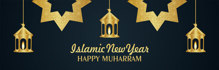 Creative vector illustration of happy muharram banner with golden lantern