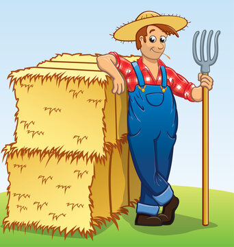 cartoon farmer with pitchfork and hay bales