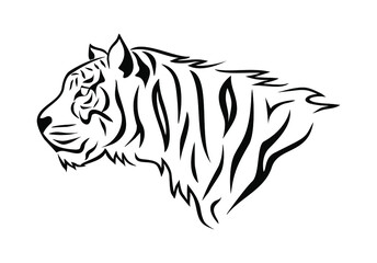 Black and white vector illustration of a tiger head in profile on a white background