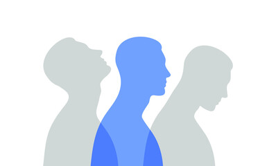 Blue male silhouette in profile with a gray transparent projections. Mental health concept. Duality and hidden emotions.