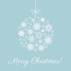 White snowflakes in shape of Christmas bauble on pastel blue background, winter holidays greeting card design