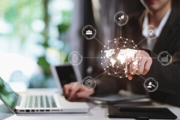 person typing on a laptop icon social network in hands.