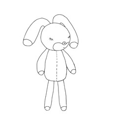 Hand drawn black vector illustration of a beautiful little young hare or rabbit sleeping on a white background