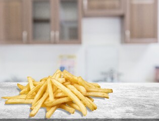 French fries, fried potatoes flying. Fly fastfood