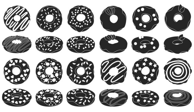 Doughnut black vector set illustration of icon.Isolated collection illustration black of donut on white background.Vector set icon of chocolate doughnut.
