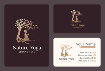 outdoor yoga logo design with shady tree in gold color.
