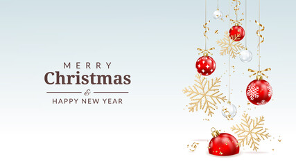 Christmas greeting card with glittering snowflakes, confetti and balls.	