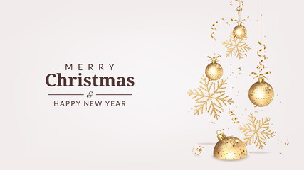 Fototapeta na wymiar Christmas greeting card with glittering snowflakes, confetti and balls. 