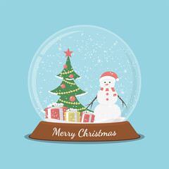 Christmas glass snow globe with snowman, fir tree and gifts. Vector illustration.