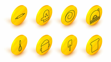 Set line Bread toast, Spatula, Bakery bowl dough, Kitchen whisk, Brick stove, Roll bun with cinnamon, Oven glove and Rolling pin icon. Vector