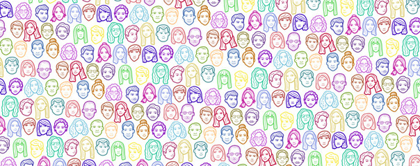 Portraits of various men and women. Crowd of people. Colorful vector illustration. All faces are editabled and isolated.