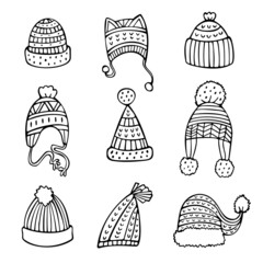 Doodle set of black knitted hats isolated on white background. Cute hand-drawn headwear for Christmas illustration.