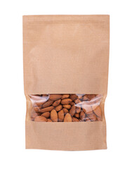 lock paper package with almonds isolated on white background close up © Aleksei
