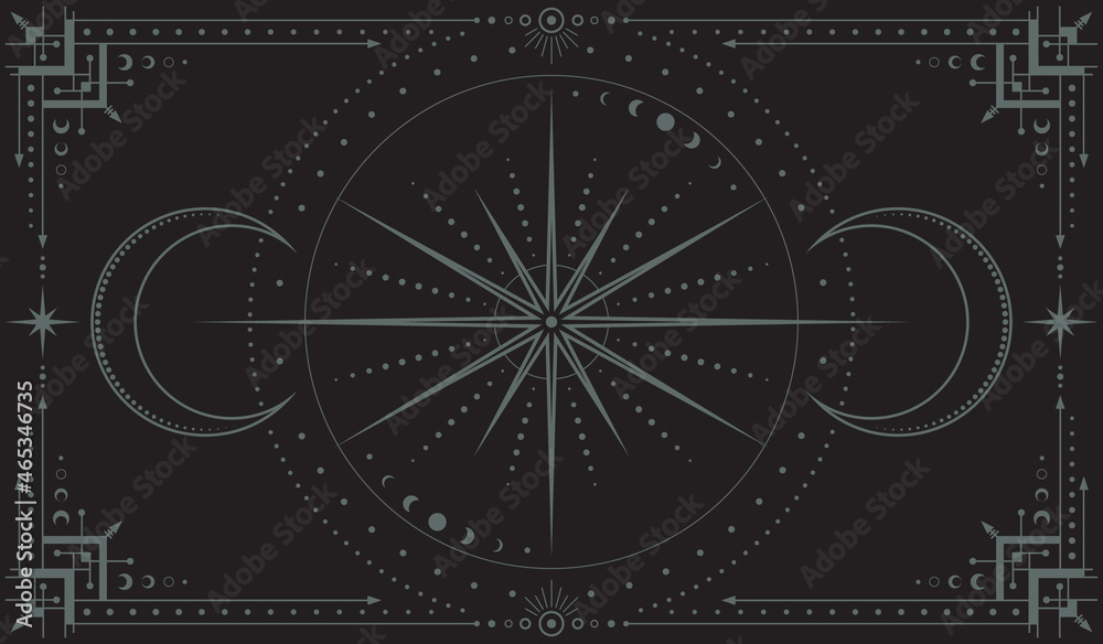 Wall mural vector mystical dark boho background with ornate outline geometric frame, moon phases, star, dotted 