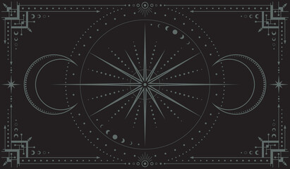Vector mystical dark boho background with ornate outline geometric frame, moon phases, star, dotted concentric circles and crescents. Celestial linear banner with magical symbols. Cover for tarot card - obrazy, fototapety, plakaty