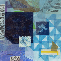 Collage of blue textures with sun paper flower, pinwheel quilt blocks and insects