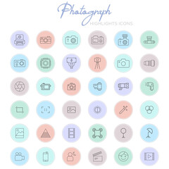 Set of photography social media icons isolated on white background. Photography symbol modern, simple, vector, icon for highlight covers, website design or mobile app. Vector Illustration