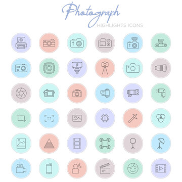 Set of photography social media icons isolated on white background. Photography symbol modern, simple, vector, icon for highlight covers, website design or mobile app. Vector Illustration
