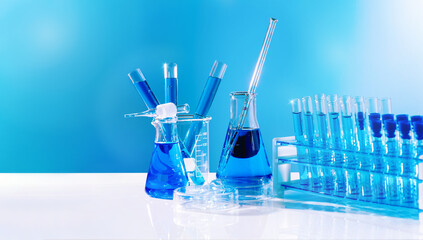 The chemicals are in many glass tubes.Stand to show glass cosmetic product. Research and develop beauty skincare product concept by scientific method with concept laboratory tests.